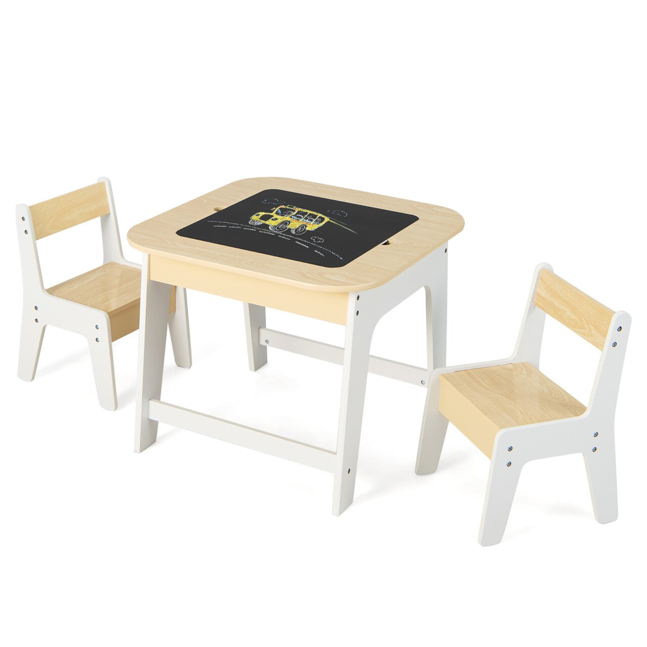 3-In-1 Kids Wooden Table And 2 Chairs Set W/ Storage Detachable Blackboard Drawing